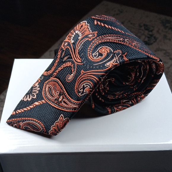 Murano‎ Extra Long Paisley Silk Tie in Black and Orange - Picture 1 of 5